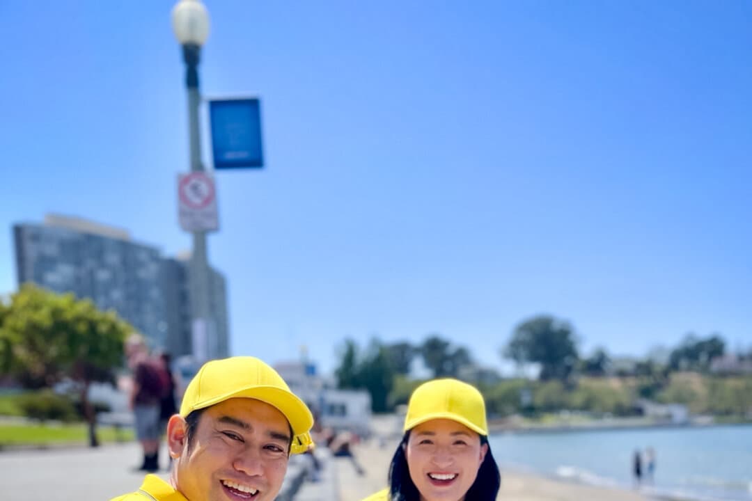 Doria Liu with her husband and son in San Francisco in July 2024. Her mother, Meng Zhaohong, was sentenced to four years in prison in China for speaking to shoppers at a farmers’ market about Falun Gong. (Courtesy of Doria Liu)