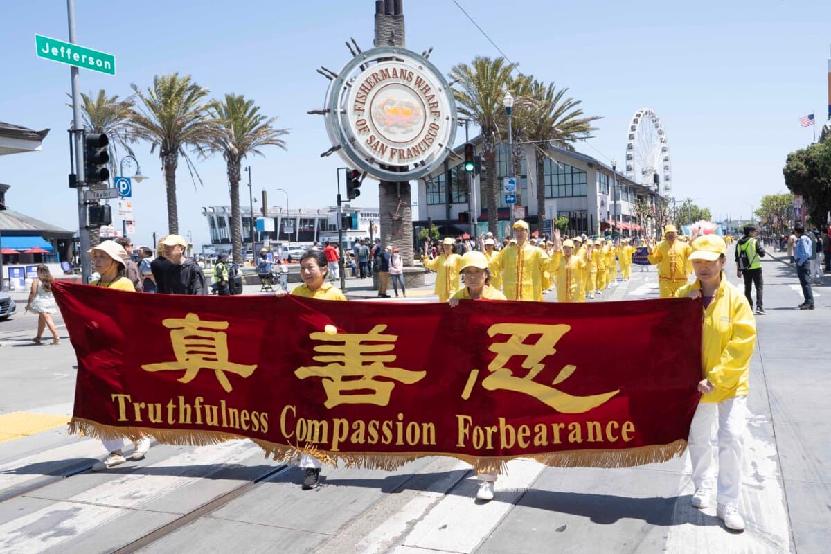 Falun Dafa practitioners during the parade in San Francisco on May 9, 2026, celebrating World Falun Dafa Day. (Gary Wang/The Epoch Times)