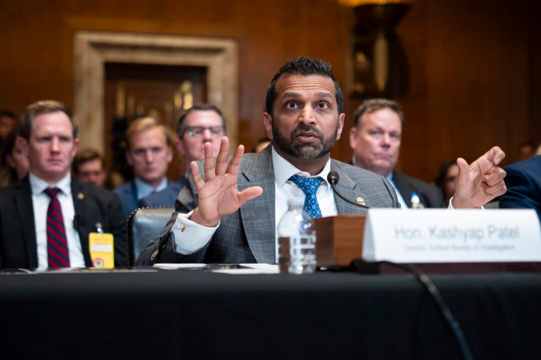 FBI Director Kash Patel testifies on Capitol Hill on May 12, 2026. (Madalina Kilroy/The Epoch Times)