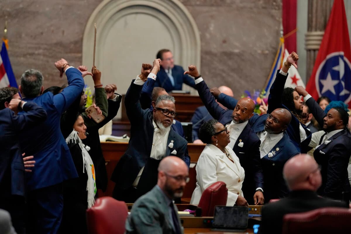 House Democrats gesture on the chamber floor as they vote against a bill to redraw U.S. Congressional voting maps during a special session of the state legislature in Nashville, Tenn., on May 7, 2026. (George Walker IV/AP Photo)