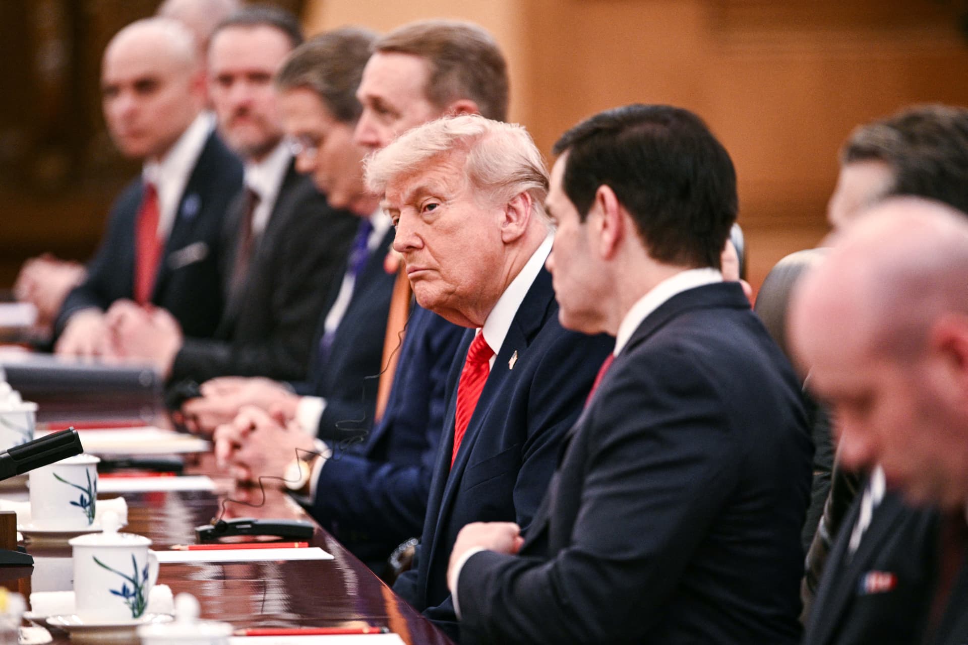 President Donald Trump (C) sits next to Secretary of State Marco Rubio (2nd R) during a meeting with China's leader Xi Jinping at the Great Hall of the People in Beijing on May 14, 2026. (Brendan Smialowski / AFP via Getty Images)