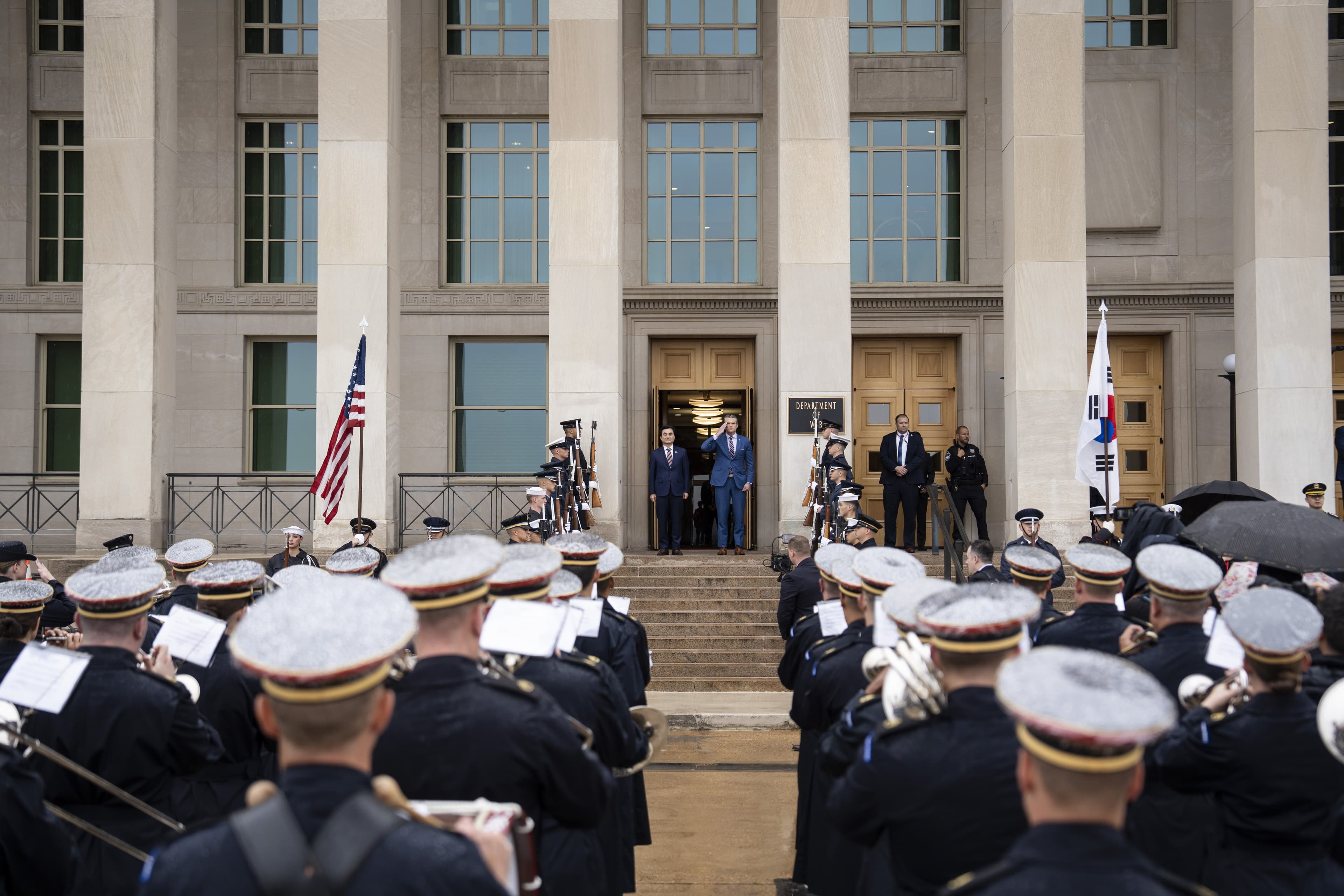 Secretary of War Pete Hegseth hosts an enhanced honor cordon and meeting welcoming South Korean Minister of National Defense Ahn Gyu-Back to the Pentagon in Arlington, Va., on May 11, 2026. (Madalina Kilroy/The Epoch Times)