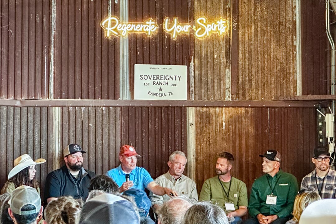 Health Secretary Robert F. Kennedy Jr. sits in at a regenerative agriculture summit at Sovereignty Ranch in Bandera, Texas, on May 2, 2026. At the summit, Kennedy suggested expanding a regenerative agriculture initiative from $700 million to $50 billion, after launching the program with Agriculture Secretary Brooke Rollins in December. (Darlene McCormick Sanchez/The Epoch Times)