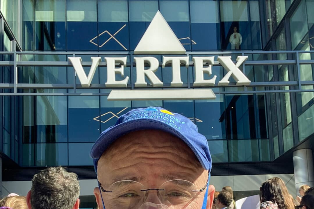 Don Kreis appears at a demonstration at the offices of Vertex Pharmaceuticals in Boston in this undated photo. Kries said his daughter, who was born with cystic fibrosis, has a medication cost of more than $370,000 a year—about three times his annual salary. (Courtesy of Don Kreis)