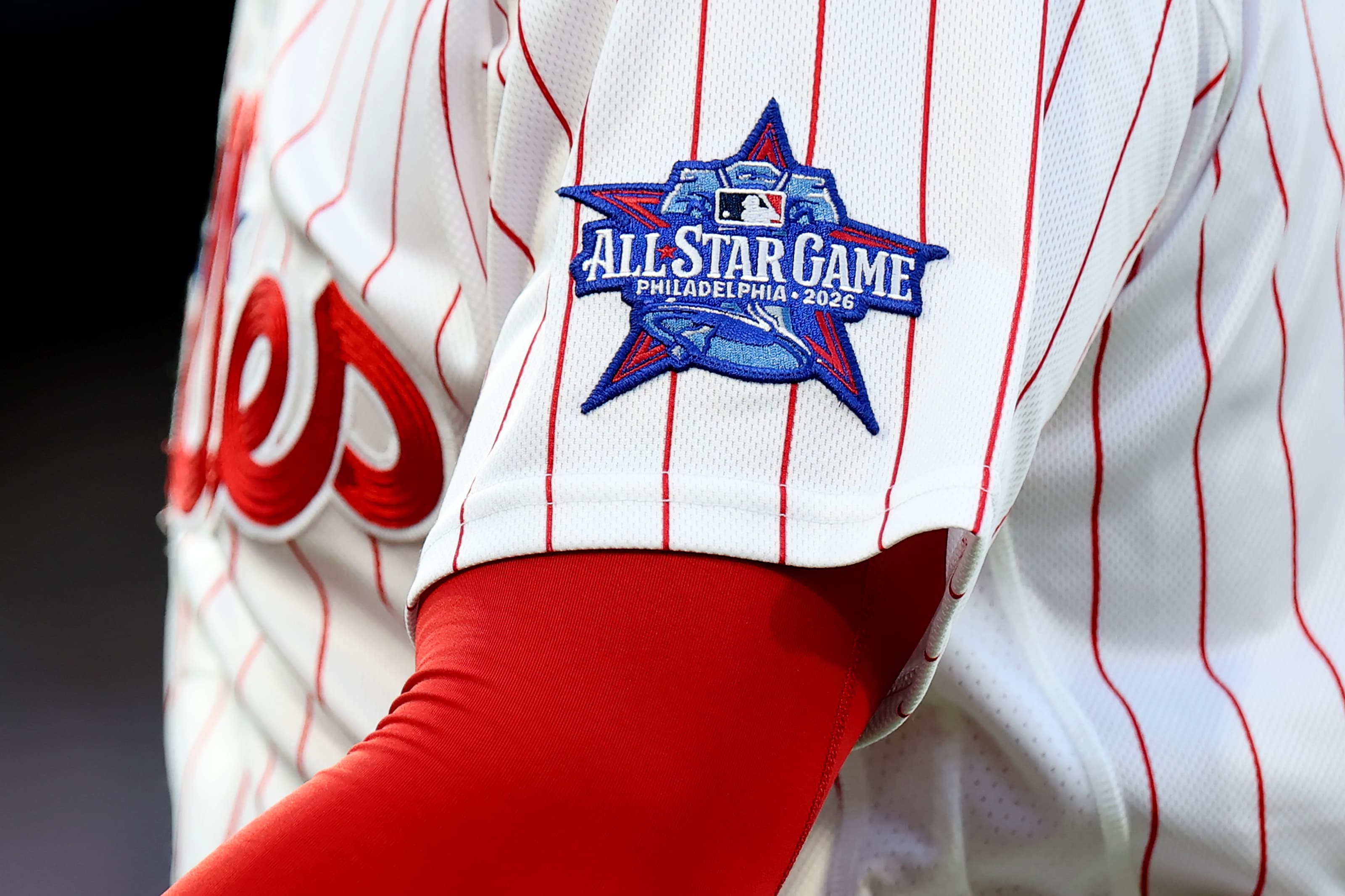 The 2026 All Star Game patch on the jersey of Kyle Schwarber of the Philadelphia Phillies on Opening Day against the Texas Rangers at Citizens Bank Park in Philadelphia on March 26, 2026. (Emilee Chinn/Getty Images)