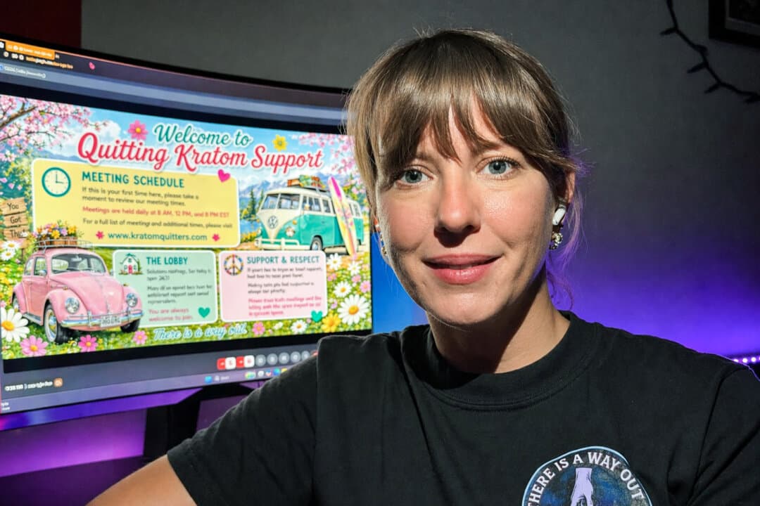 Natalie Melvin, 37, poses next to the computer with which she participates in meetings of a peer support group that helps kratom addicts, Quitting Kratom Support—There Is A Way Out, at her home in Kentucky on April 22, 2026. (Courtesy of Natalie Melvin)