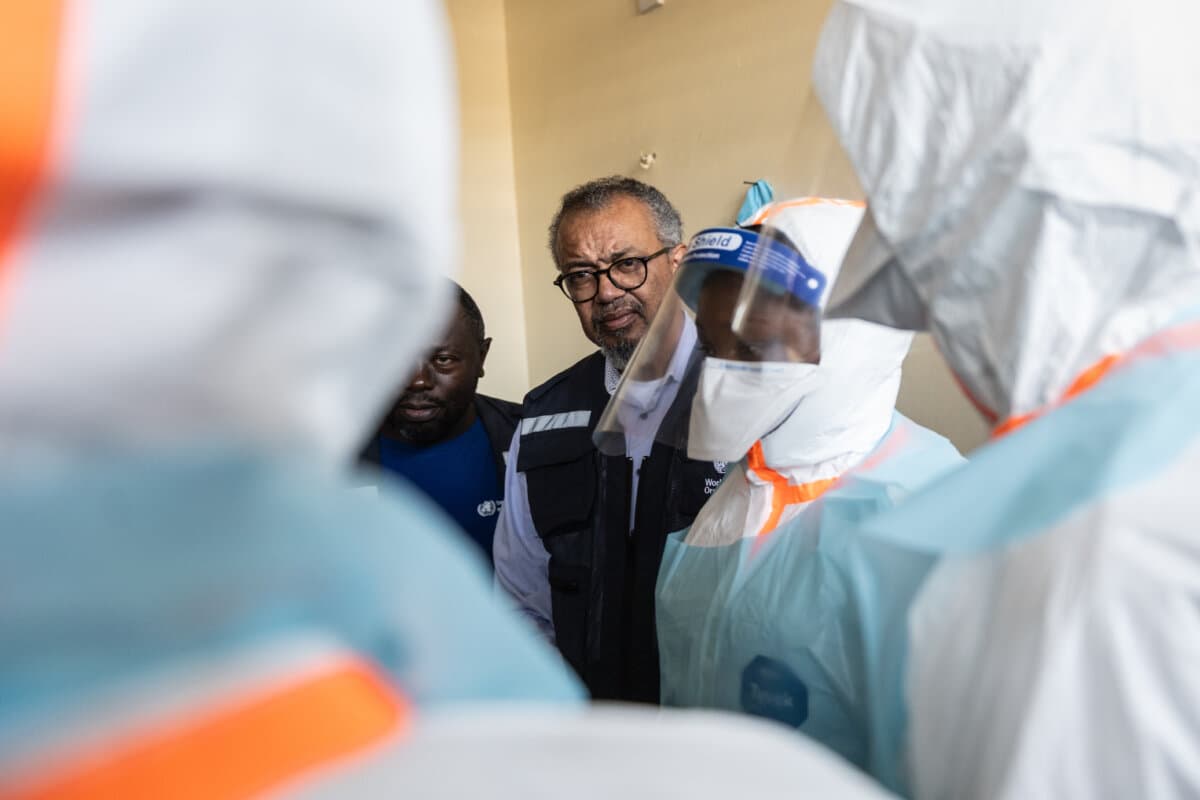 World Health Organization Director-General Tedros Adhanom Ghebreyesus visits health workers at the Evangelical Medical Center in Bunia, Congo, on May 31, 2026. (Moses Sawasawa/AP Photo)
