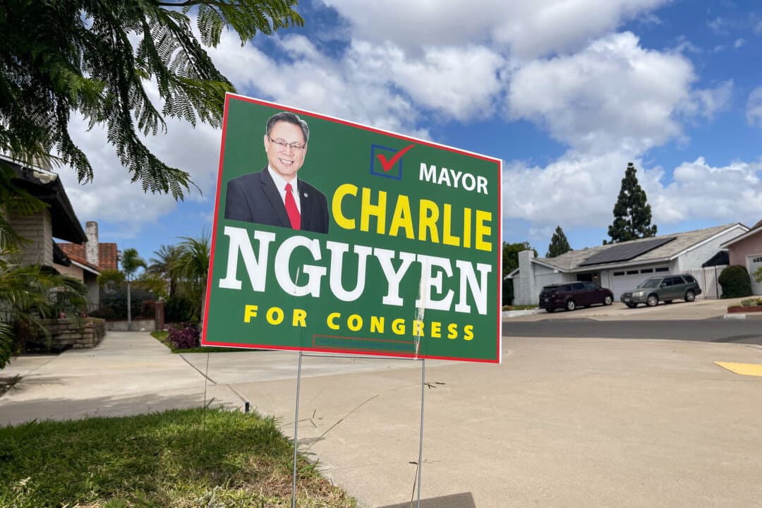 A campaign sign for Westminster Mayor Charlie Nguyen's campaign for the 45th Congressional District is seen in a residential area near the Little Saigon neighborhood in Westminster, Calif., on May 27, 2026. Nguyen has been mayor of Westminster, nucleus of the Little Saigon neighborhood, since 2022. (Beige Luciano-Adams/The Epoch tImes)