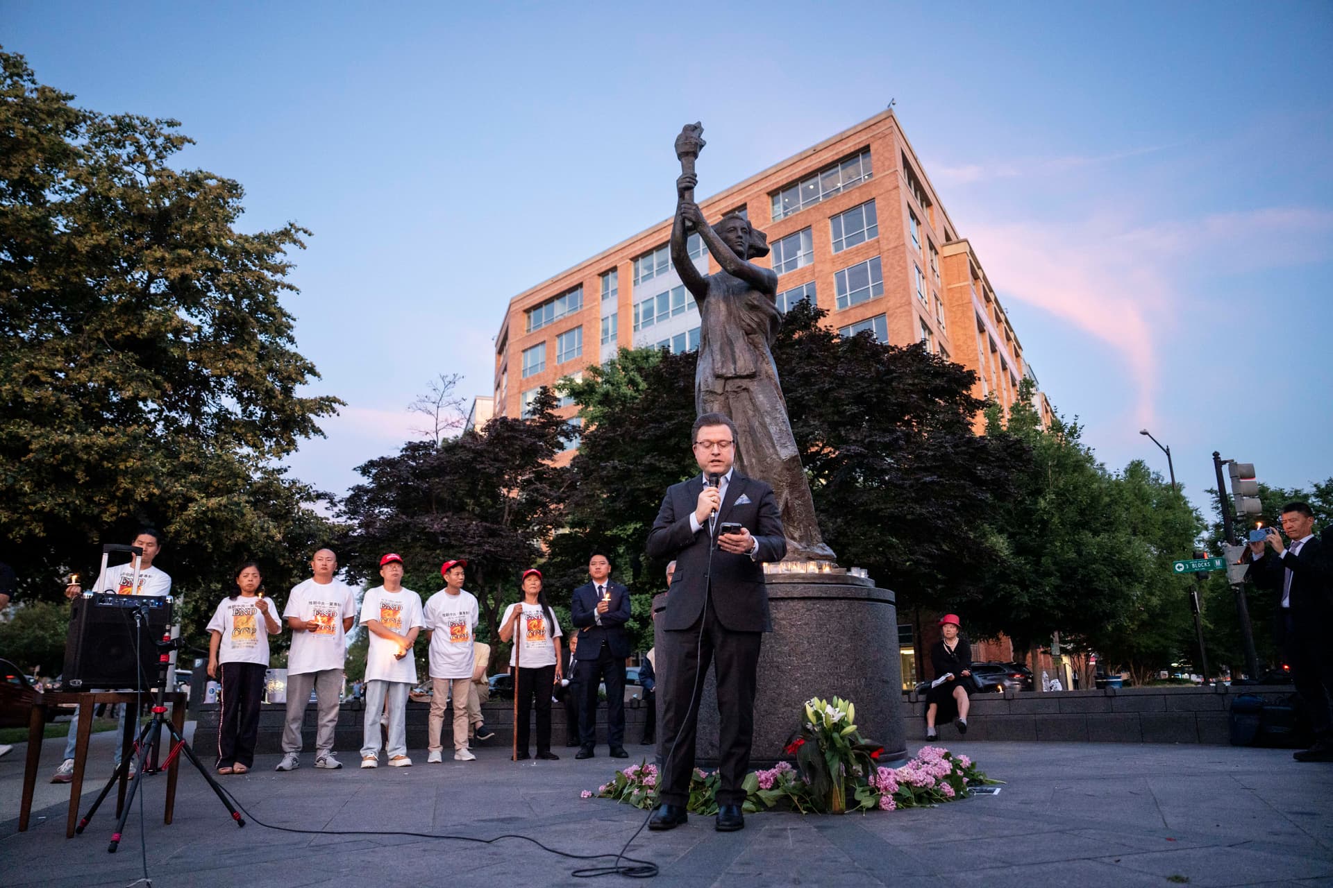 Jan Jekielek, Epoch Times senior editor, host of American Thought Leaders, and author of the book “Killed to Order,” speaks during the Tiananmen Square massacre candlelight vigil held at the Victims of Communism Memorial in Washington on June 4, 2026. (Madalina Kilroy/The Epoch Times)