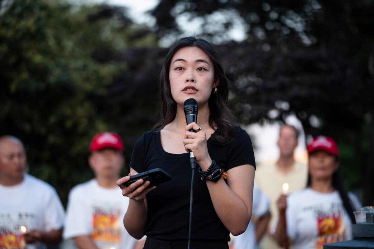 Joey Siu, Amnesty International Hong Kong overseas spokesperson, speaks during the Tiananmen Square massacre candlelight vigil held at the Victims of Communism Memorial in Washington on June 4, 2026. (Madalina Kilroy/The Epoch Times)