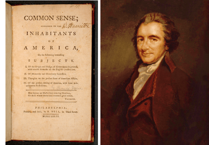 (Left) Cover of the pamphlet “Common Sense,” by Thomas Paine. (Right) A portrait of Thomas Paine, circa 1792, by Laurent Dabos. (Public Domain)