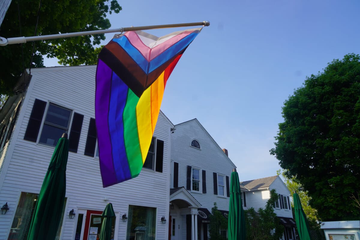 A "Progress Pride Flag" on Cottage Street in Ellsworth, Maine, on June 5, 2026. New England is one of the most socially liberal regions of the United States. (Nathan Worcester/The Epoch Times)