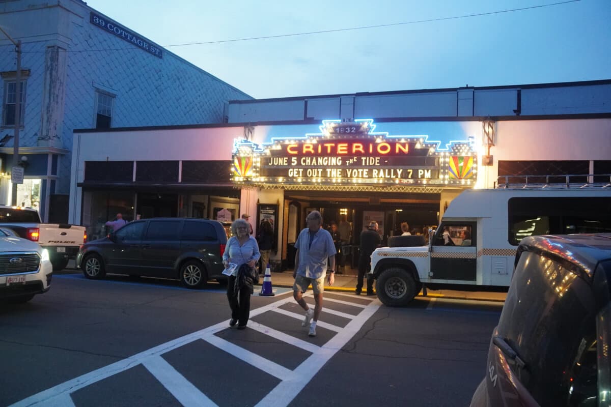Supporters of Graham Platner leave the 1932 Criterion Theatre in Bar Harbor, Maine, on June 5, 2026. Platner spoke at the venue alongside Rep. Ro Khanna (D-Calif.) and other Democratic candidates. (Nathan Worcester/The Epoch Times)
