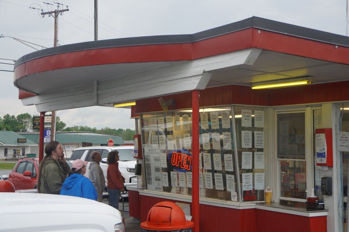Customers in line at Sawyer's Dairy Bar, an ice cream shop in Newport, Maine, on June 6, 2026. (Nathan Worcester/The Epoch Times)