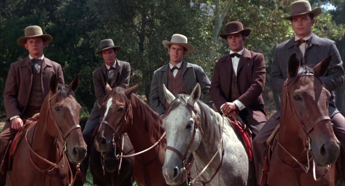 Five sons of Charlie Anderson: (L–R) Nathan (Charles Robinson), John (James McMullen), Jacob (Glenn Corbet), Henry (Tim McIntire), and James (Patrick Wayne). (Universal Pictures)