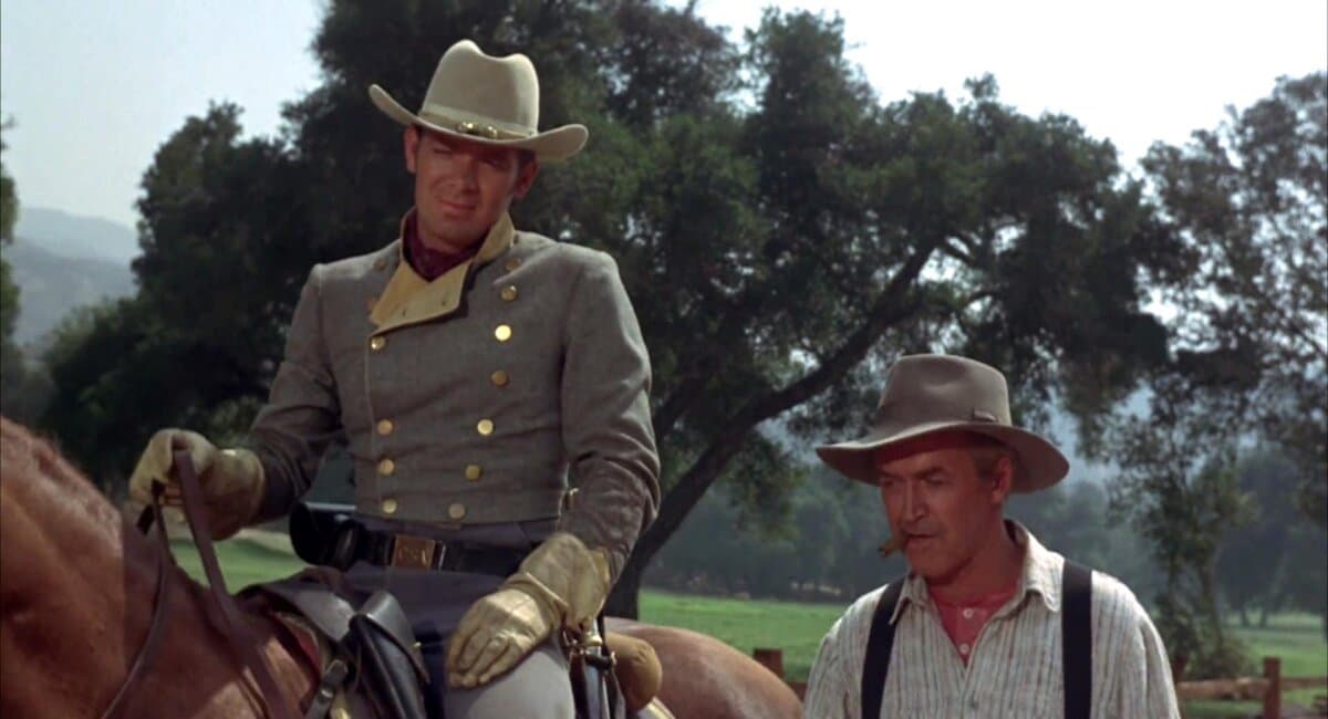 Lt. Johnson (Tim Simcox, L) and Charlie Anderson (James Stewart), in "Shenandoah." (Universal Pictures)