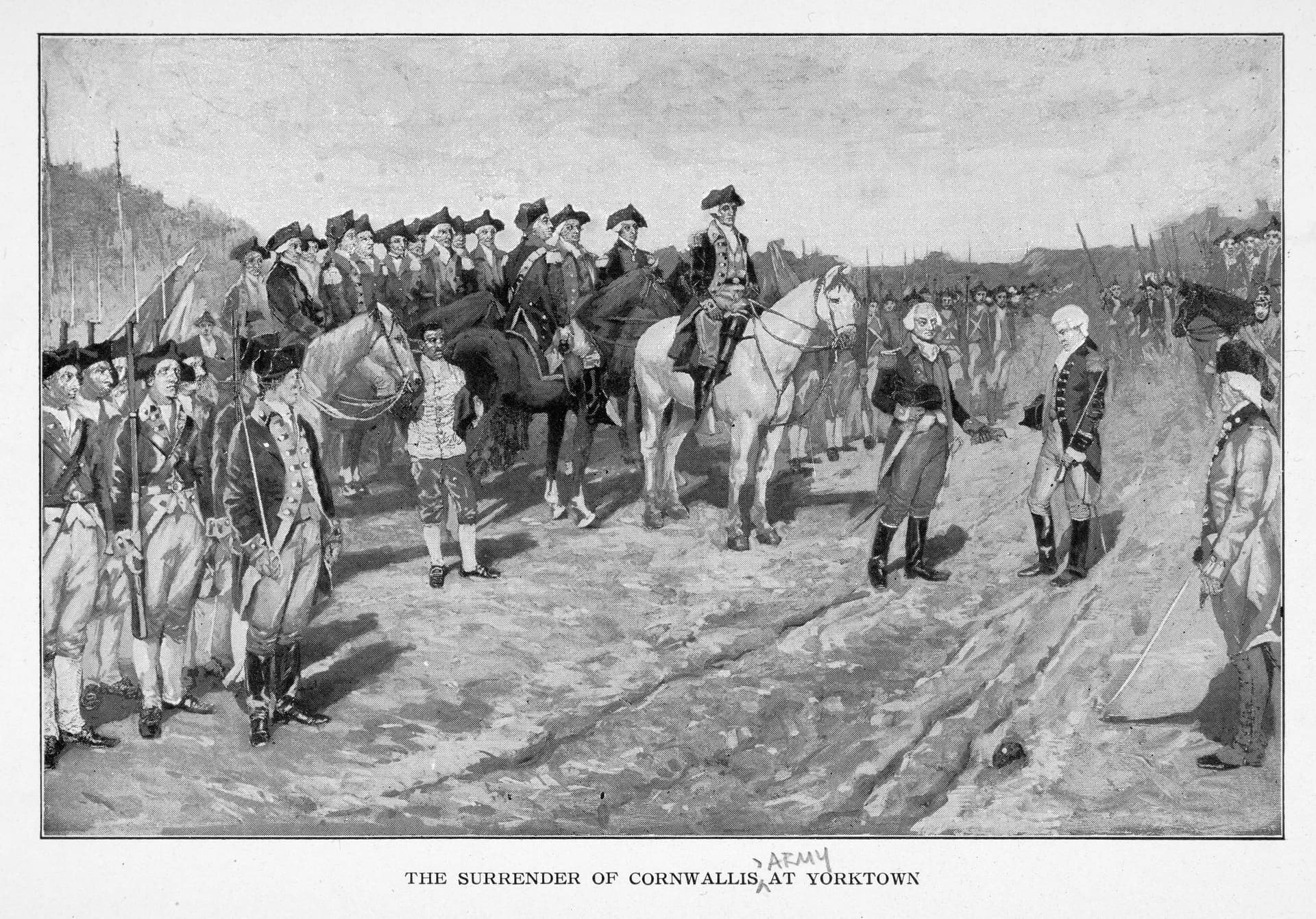 A lithograph depicting British military officer Charles O'Hara as he surrenders Charles Cornwallis's sword, as American Commander-in-Chief of the Continental Army Gen. George Washington observes from horseback (white horse) and the allied American-French armies look on following the Battle of Yorktown, of the American Revolutionary War, in Yorktown, Va., on Oct. 19, 1781. (Collection/Archive Photos/Getty Images)