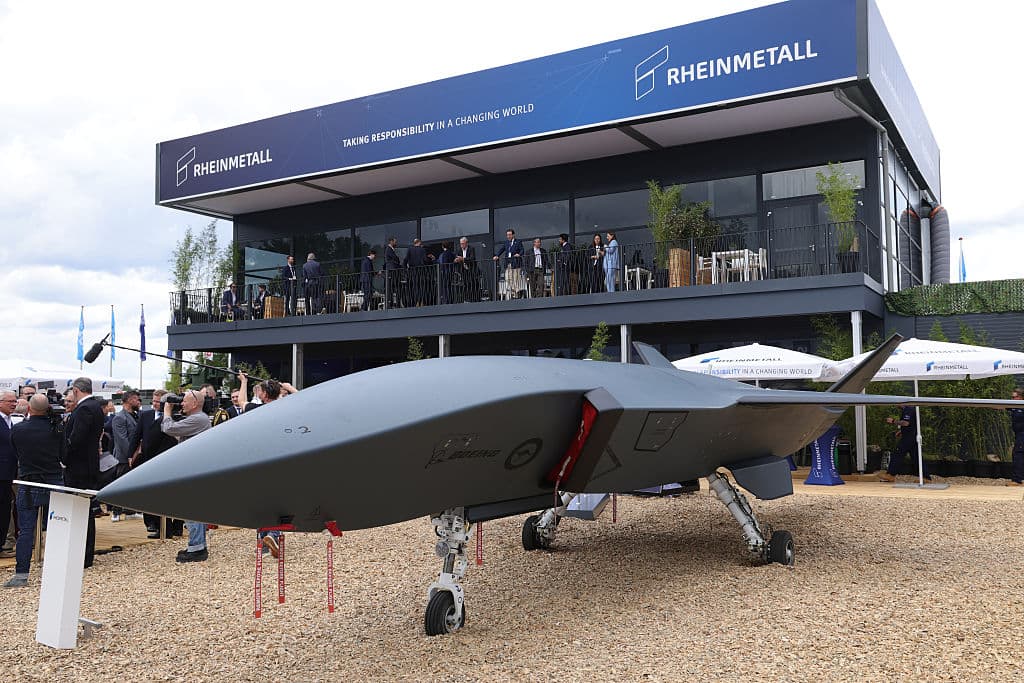 A Boeing MQ-28 Ghost Bat drone stands at the Rheinmetall stand at the 2026 ILA Berlin Air Show On its opening day in Schoenefeld, Germany on June 10, 2026. (Sean Gallup/Getty Images)