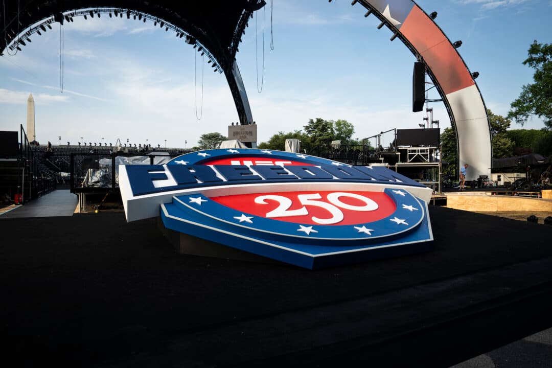 The UFC Freedom Fight logo ahead of the event on June 14 at the White House on June 11, 2026. (Madalina Kilroy/The Epoch Times)