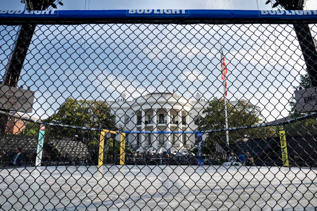 The UFC setup at the White House on June 11, 2026. (Madalina Kilroy/The Epoch Times)