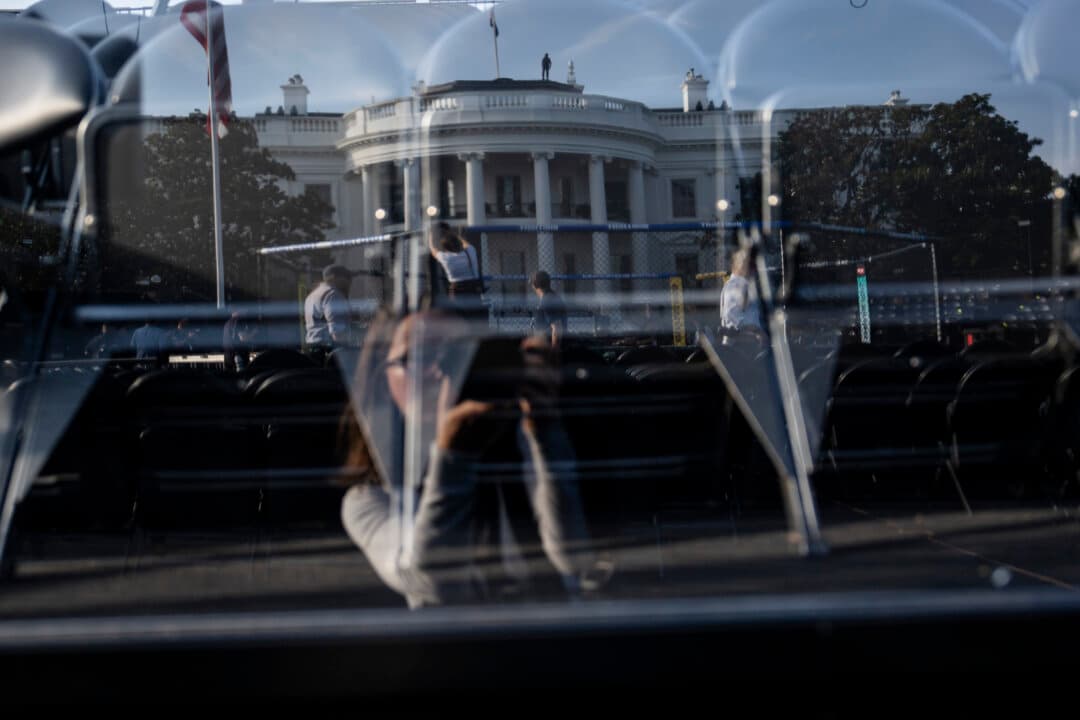 A reflection of the UFC arena at the White House on June 11, 2026. (Madalina Kilroy/The Epoch Times)