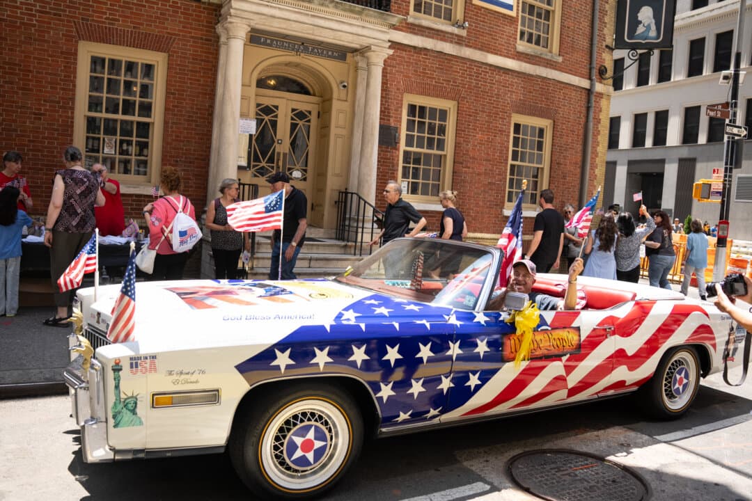 Flag Day Parade in New York City, on June 12, 2026. Flag Day commemorates the adoption of the flag of the United States on June 14, 1777, by resolution of the Second Continental Congress. (Larry Dye/The Epoch Times)