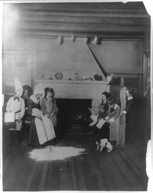 A colonial dame's school in America. The image depicts a posed tableaux. Library of Congress. (Public Domain)