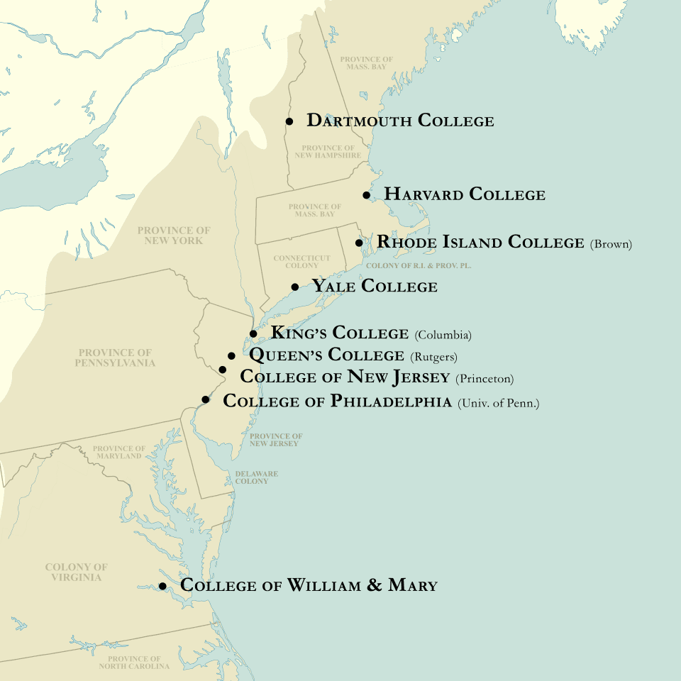 Map of the nine colonial colleges. (<a href="https://commons.wikimedia.org/wiki/User:Filetime">Filetime</a>/<a href="https://creativecommons.org/licenses/by-sa/4.0/">CC BY-SA 4.0</a>)