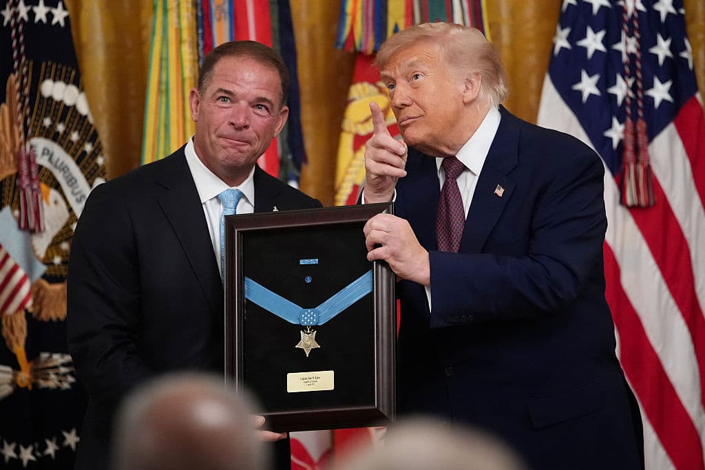 U.S. President Donald Trump presents the Medal of Honor to the family of Colonel John W. Ripley, U.S. Marine Corps (Posthumous), during a Medal of Honor Ceremony in the East Room of the White House in Washington, DC, on June 18, 2026. (Andrew Harnik/Getty Images)