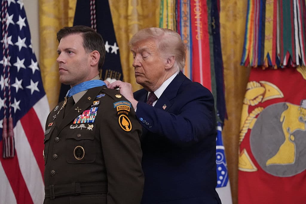 U.S. President Donald Trump bestows the Medal of Honor to retired U.S. Army Major Nicholas Dockery in the East Room of the White House in Washington, DC, on June 18, 2026. (Ken Cedeno/AFP via Getty Images)
