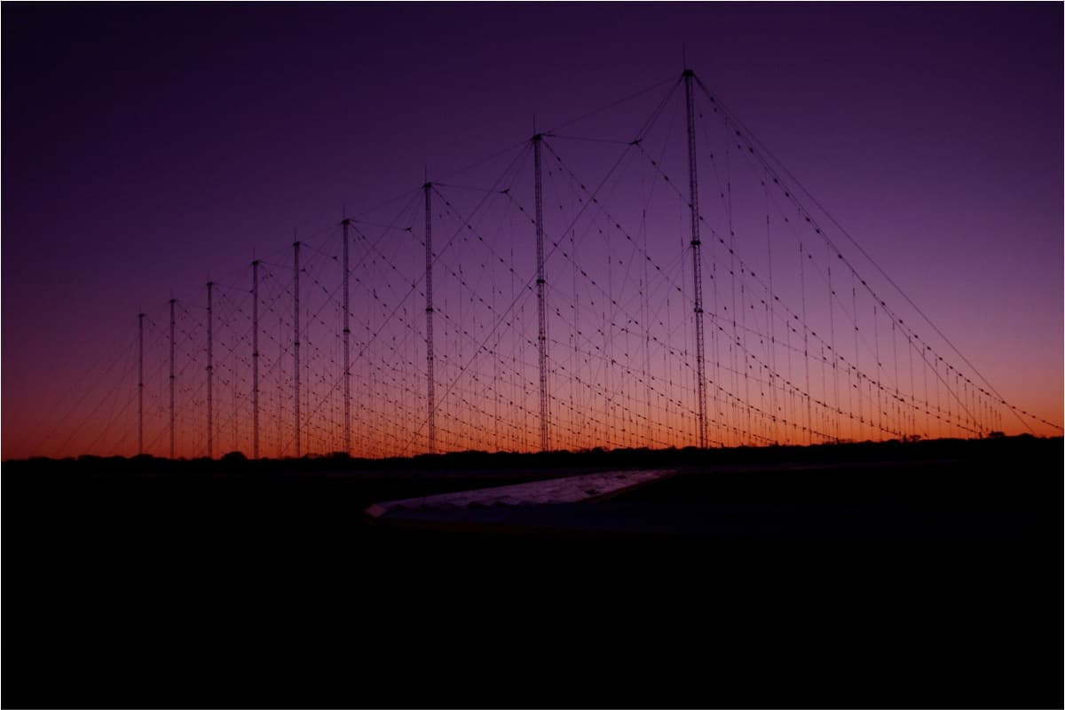 A Jindalee Operational Radar Network(JORN) transmitter site at sunset, Harts Range, Alice Springs. The Jindalee Operational Radar Network (JORN) is a strategic asset used in the Defence of Australia. JORN is a network of three over-the-horizon radars that can detect aircraft and ships between 1000 and 3000km from the northern coastline of mainland Australia. (Courtesy of the LACW Sonja Canty at the Australian Department of Defence)