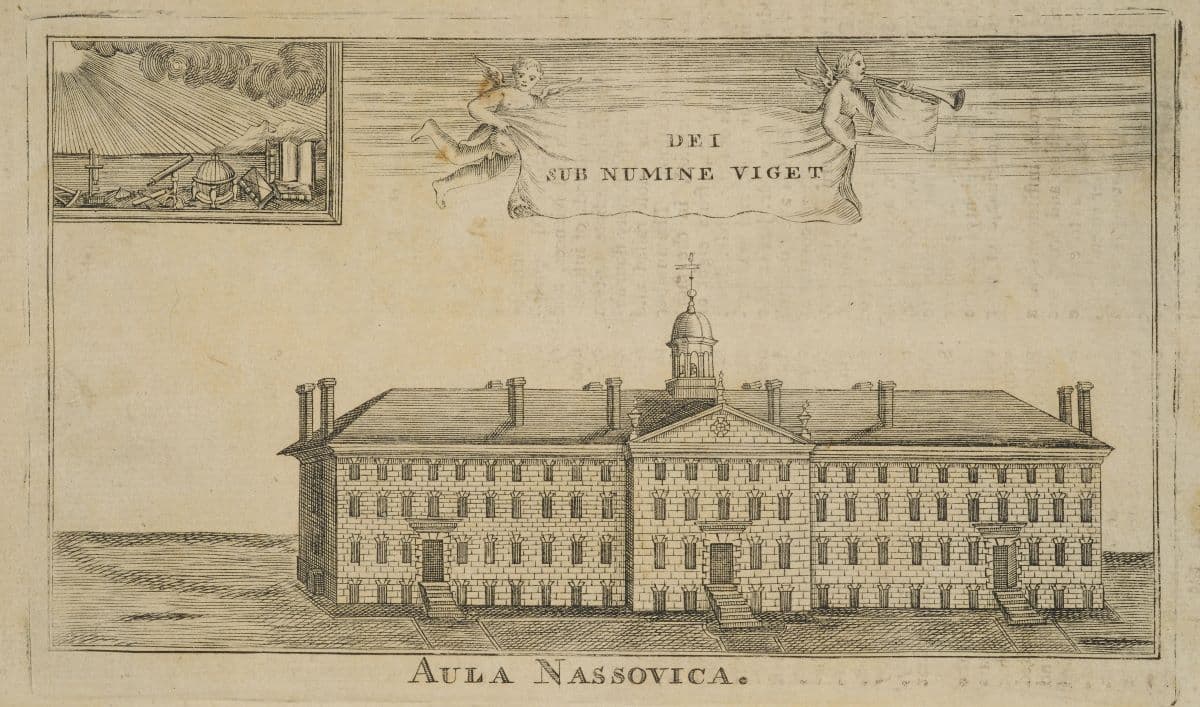 From 1760, the first picture of Nassau Hall, the oldest building of Princeton University. (Public Domain)