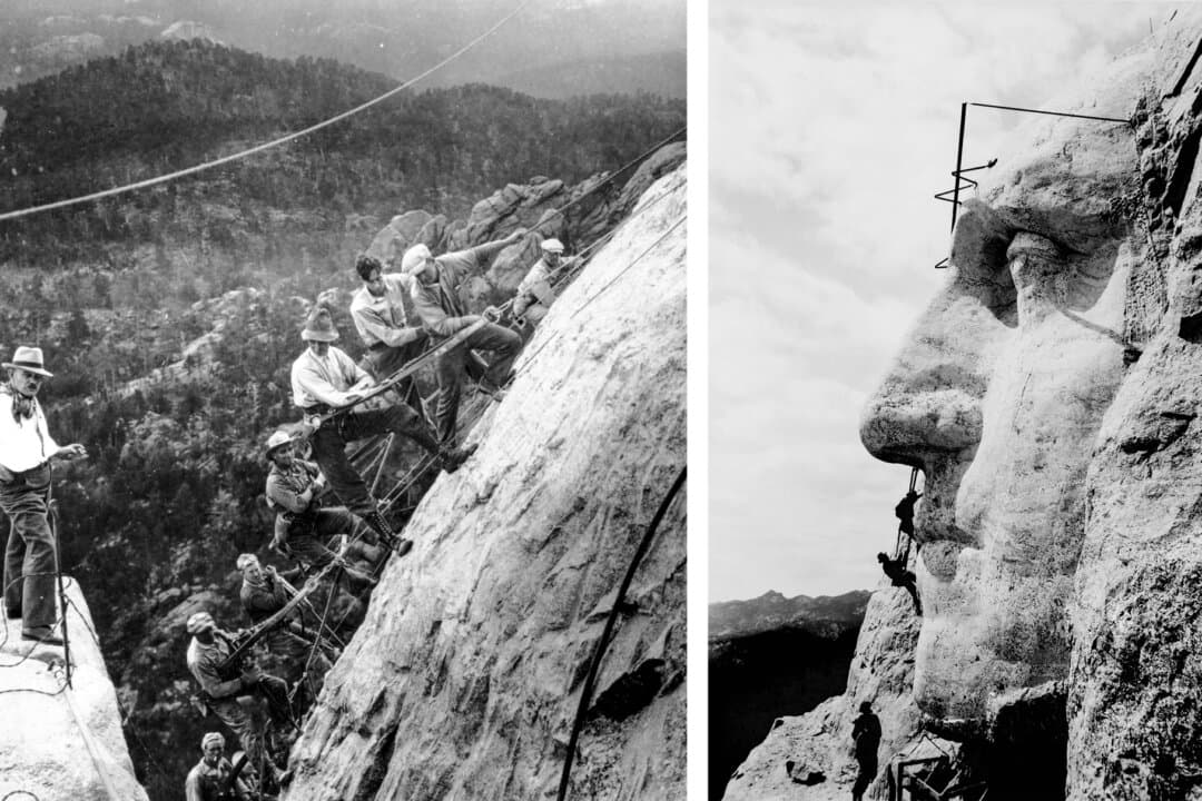(Left) Sculptor Gutzon Borglum (L) directs drillers suspended by cables from the top of the mountain as they work on the head of George Washington at the Mount Rushmore National Memorial near Keystone, S.D., on July 22, 1929. (Right) Workers ascend Mount Rushmore during construction of George Washington's likeness, near Keystone, S.D., in this file photo. Sculptor Gutzon Borglum chose Washington to symbolize America's birth. (AP Photo/File, Rise Studio/Public Domain)