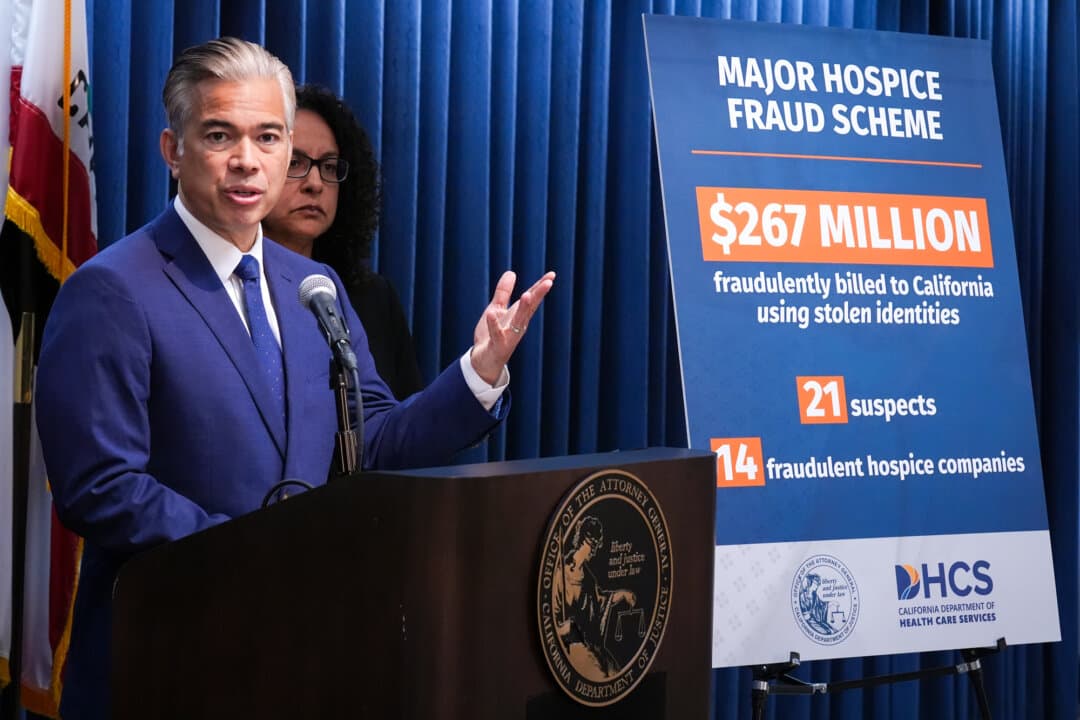 California Attorney General Rob Bonta announces the dismantling of a major hospice fraud scheme that defrauded the state of $267 million, in Los Angeles on April 9, 2026. Medicare hospice services have been a particular target for fraud in California, according to federal officials. (AP/Damian Dovarganes)