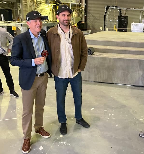 United States Energy Secretary Chris Wright (L) and Antares Nuclear CEO and Founder Jordan Bramble answer questions in front of cement slabs above Antares’ Mark 0 micro-reactor, which on June 4, 2026, became the first new type of reactor in the U.S. to achieve “criticality” since 1973. (John Haughey/The Epoch Times)