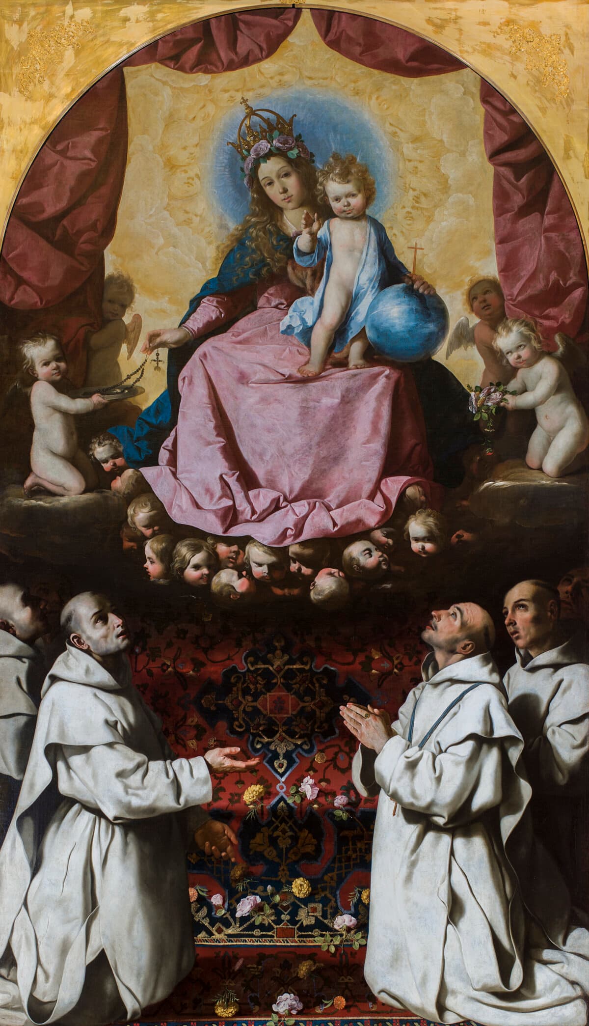 “The Virgin of the Rosary With the Carthusians,” circa 1638–1639, by Francisco de Zurbarán. Oil on canvas; 10 foot, 8 inches by 6 foot 3 3/4 inches. Private collection. (Digital Photography Studio MNP/Copyright The Raczynski Foundation at the National Museum in Poznan, Poland)