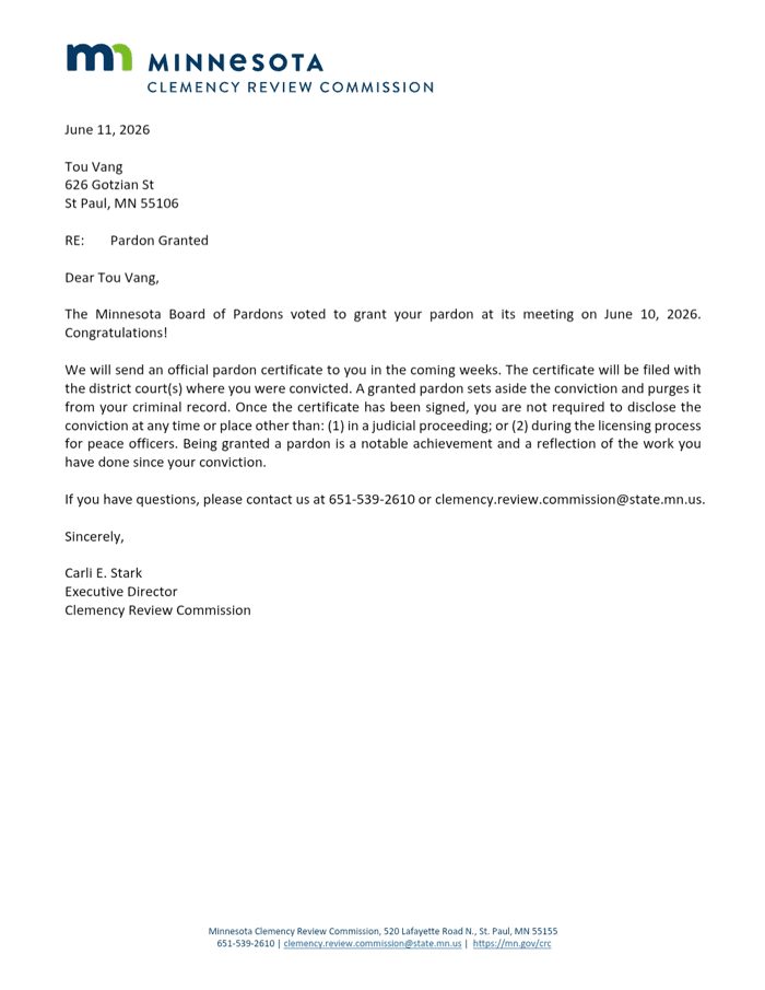 The Department of Homeland Security released a statement in opposition to the Minnesota Clemency Review Commission’s pardon of an illegal immigrant previously convicted of sex crimes against a 10-year-old girl. This is a copy of the commission’s letter congratulating the man on his pardon, provided by Homeland Security, on July 1, 2026. (U.S. Department of Homeland Security)