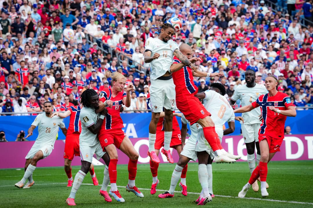 France's Bradley Barcola heads the ball above Norway's Leo Oestigard during the World Cup Group I soccer match between Norway and France in Foxborough, Mass., on June 26, 2026. France defeated Norway 4–1. (Martin Meissner/AP Photo)