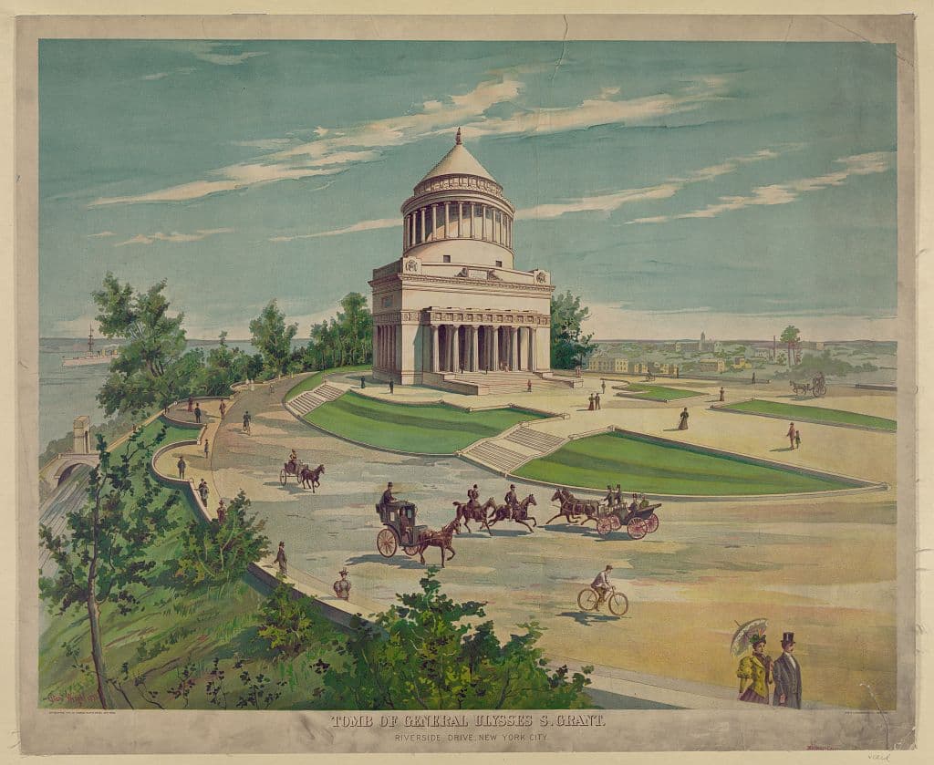 Tomb of Gen. Ulysses S. Grant, Riverside Drive, New York City. Print shows pedestrians, carriages, bicyclists, and horseback riders on promenade around the Grant National Memorial. Library of Congress. (Public Domain)