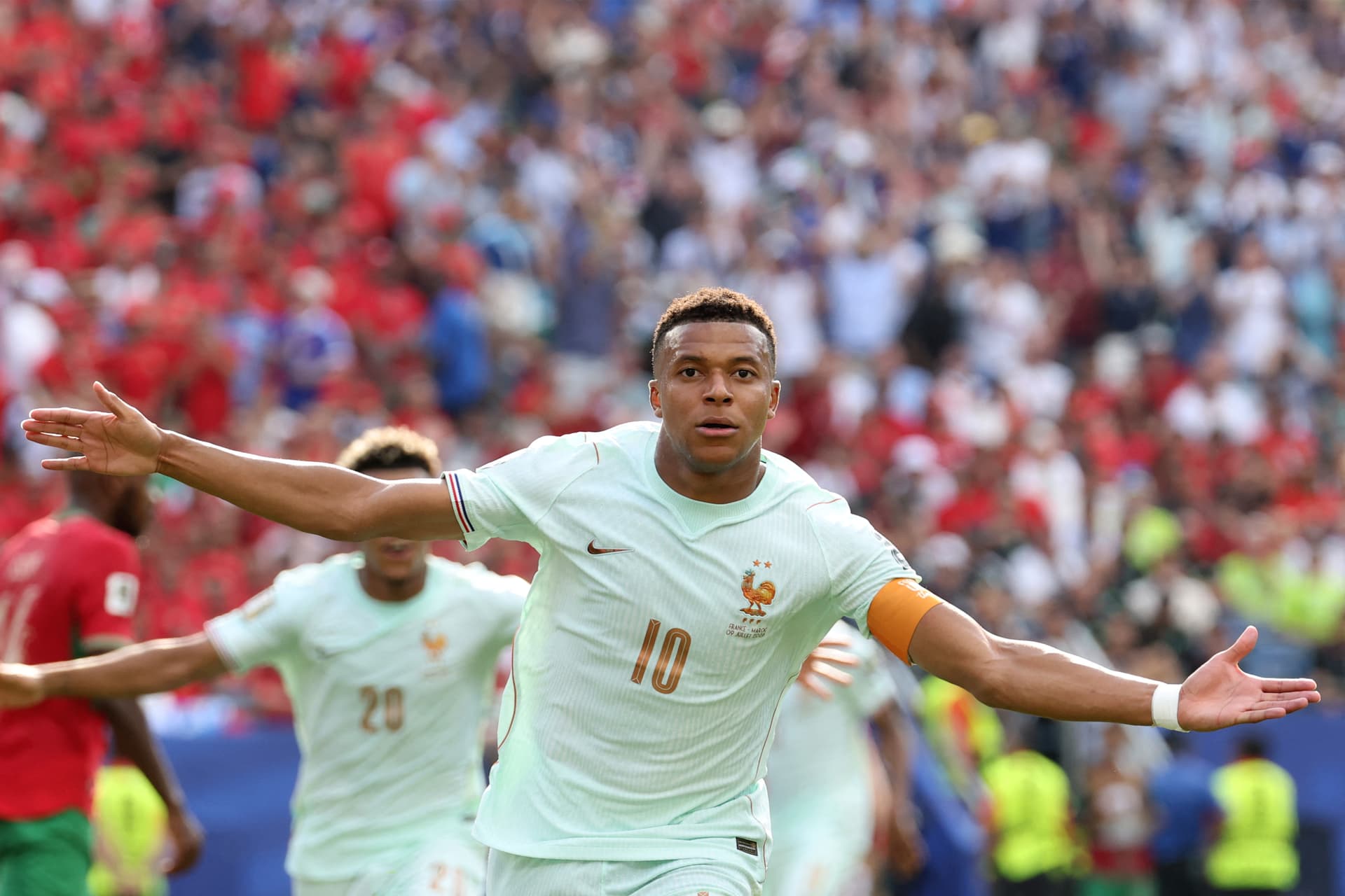 France's forward Kylian Mbappe celebrates scoring his team's first goal during the 2026 World Cup football tournament quarterfinal match between France and Morocco at Boston Stadium in Foxborough, Mass., on July 9, 2026. (Odd Andersen/AFP via Getty Images)