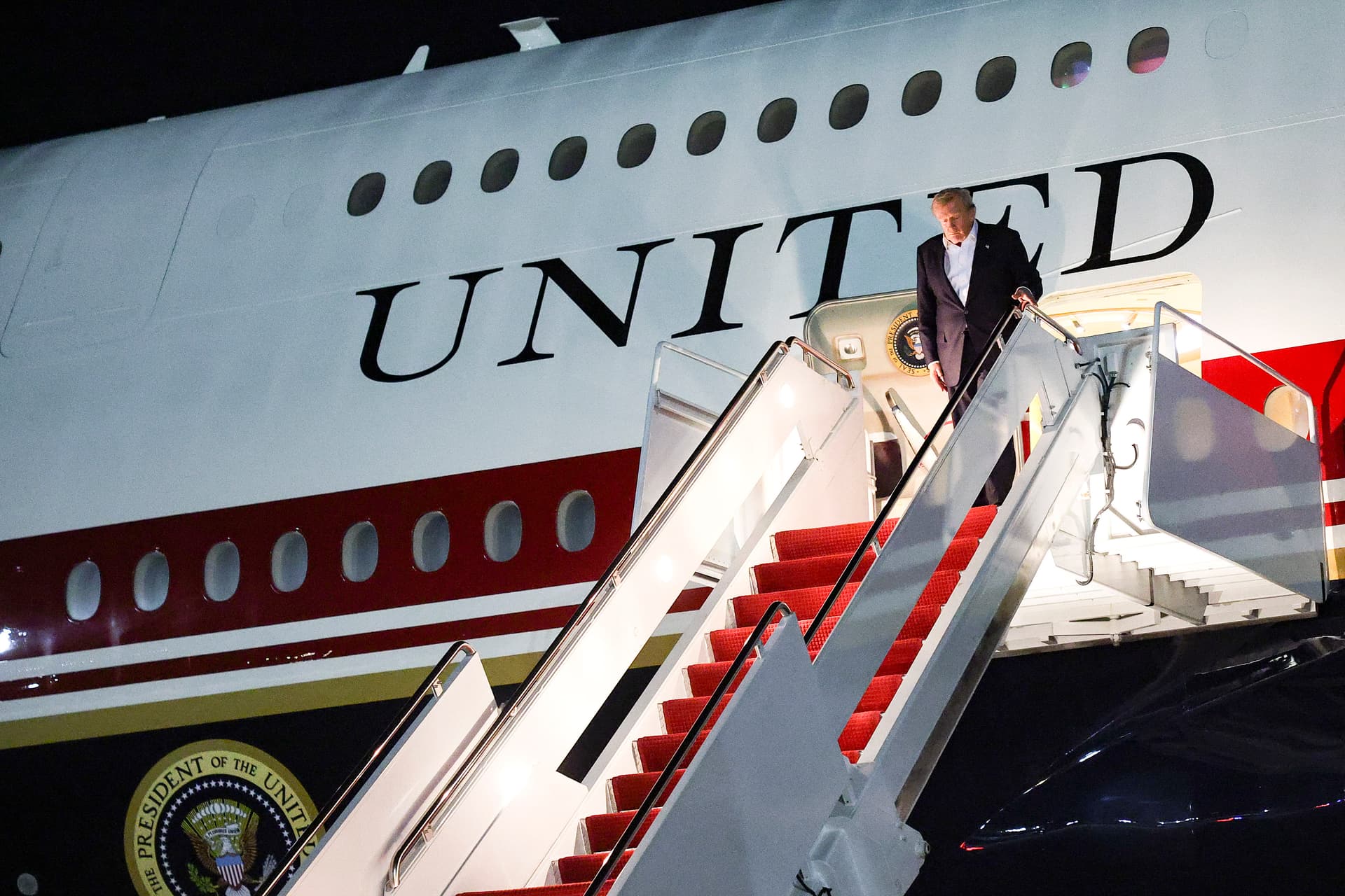 President Donald Trump arrives at Joint Base Andrews in Maryland on July 9, 2026, after transferring from the previous Air Force One aircraft to the new Air Force One during a stop at RAF Mildenhall Air Force Base in the U.K., following his visit to Ankara, Turkey, for the NATO summit. (Win McNamee/Getty Images)