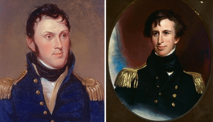 (Left) Portrait of Maj. Stephen Harriman Long, 1819, by Charles Willson Peale. (Right) A portrait of Lt. Charles Wilkes, at the outset of the Exploring Expedition, by Thomas Sully. (Public Domain)