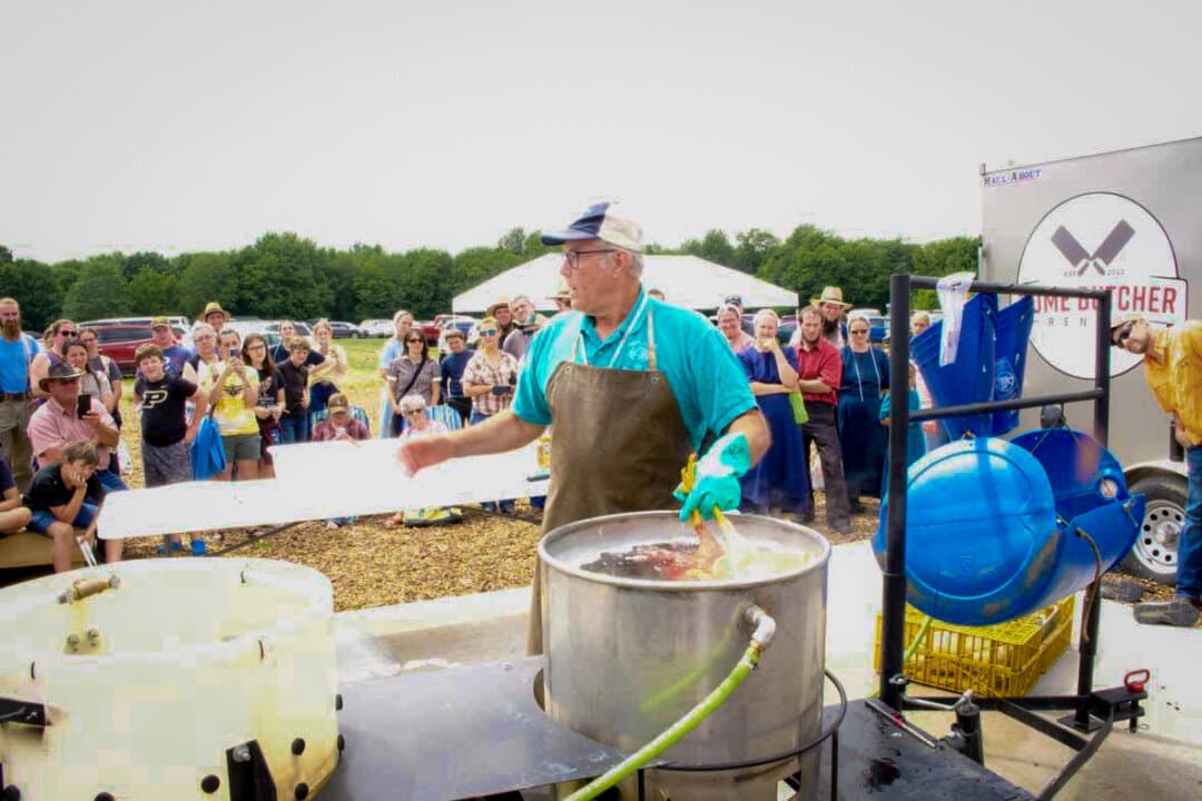 Joel Salatin, owner of Polyface Farm, holds a chicken butchering class at the Food Independence Summit in Walnut Creek, Ohio, in June, 2024. (Courtesy of Everitt Townsend)