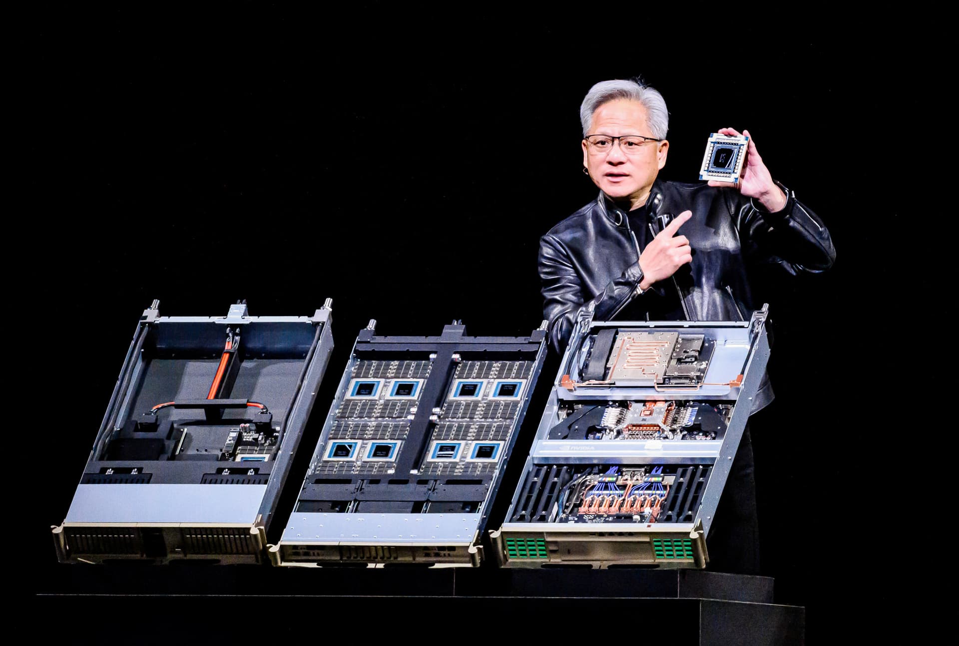 Nvidia CEO Jensen Huang introduces Vera Rubin, a next-generation AI data center platform, and Rubin Ultra, a next-generation AI GPU architecture, at the company's annual developers conference in San Jose, Calif., on March 16, 2026. (Josh Edelson/AFP via Getty Images)