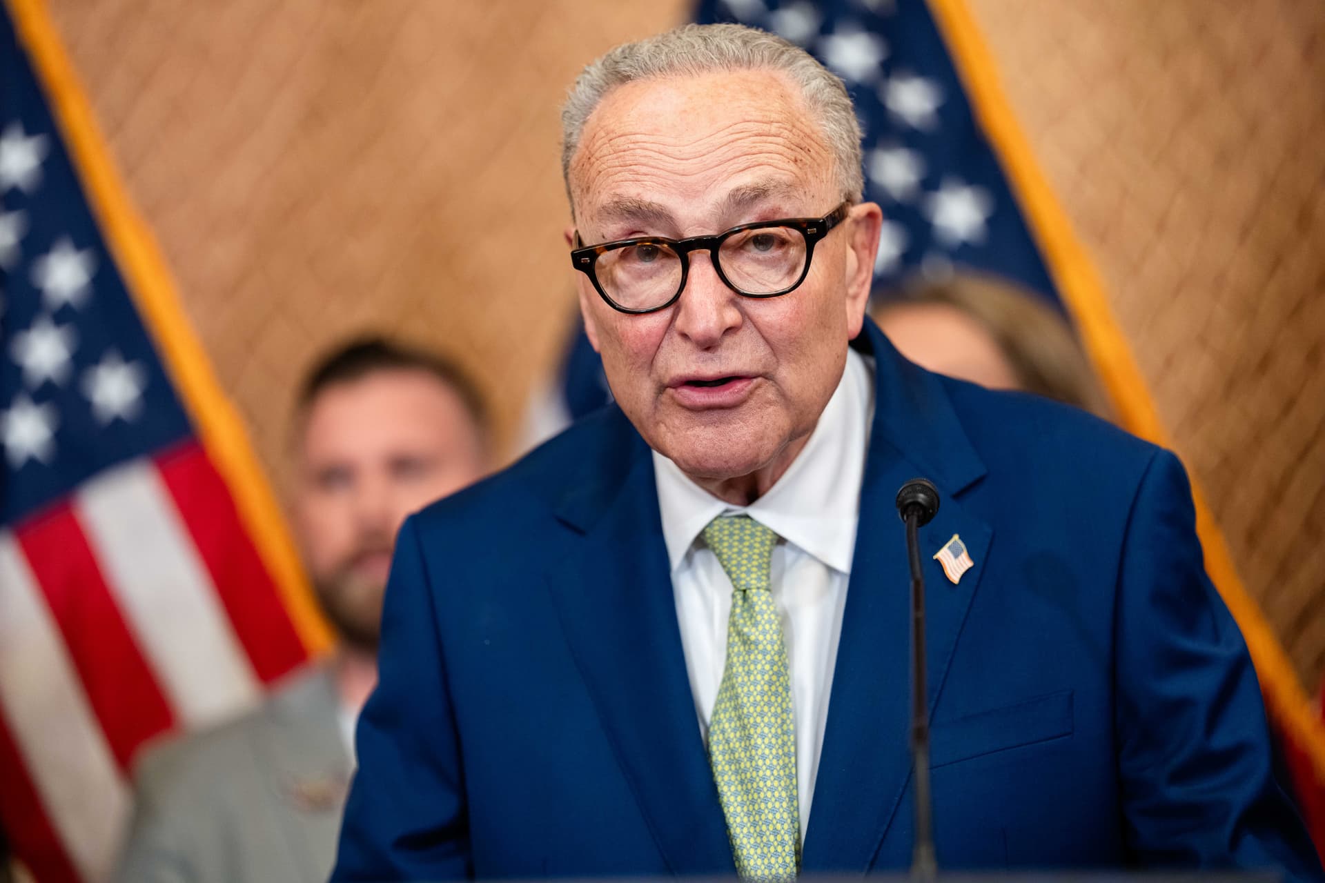 Senate Minority Leader Chuck Schumer (D-N.Y.) delivers remarks in the Capitol Building in Washington on July 15, 2026. (Aaron Schwartz/Getty Images)