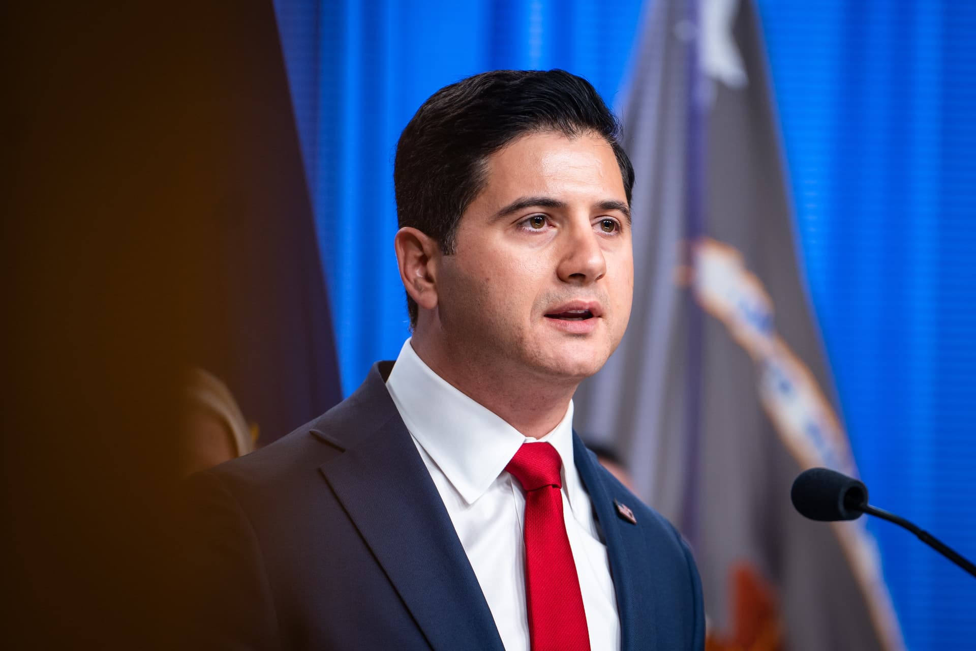 Central District of California First Assistant U.S. Attorney Bill Essayli speaks during a news conference at the U.S. Department of Justice in Washington on Nov. 19, 2025. (Madalina Kilroy/The Epoch Times)