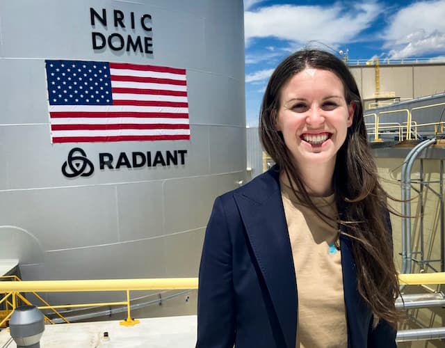 Radiant Nuclear President Tori Shivanandan outside the National Reactor Innovation Center's Demonstration of Microreactor Experiments (DOME), at Idaho National Laboratory, west of Idaho Falls, Idaho, in late June, 2026. Shivanandan said the company was engaged in “rigorous component testing on every single part of this system” for its Kaleidos reactor to be built and tested this summer inside the DOME. (John Haughey/The Epoch Times)