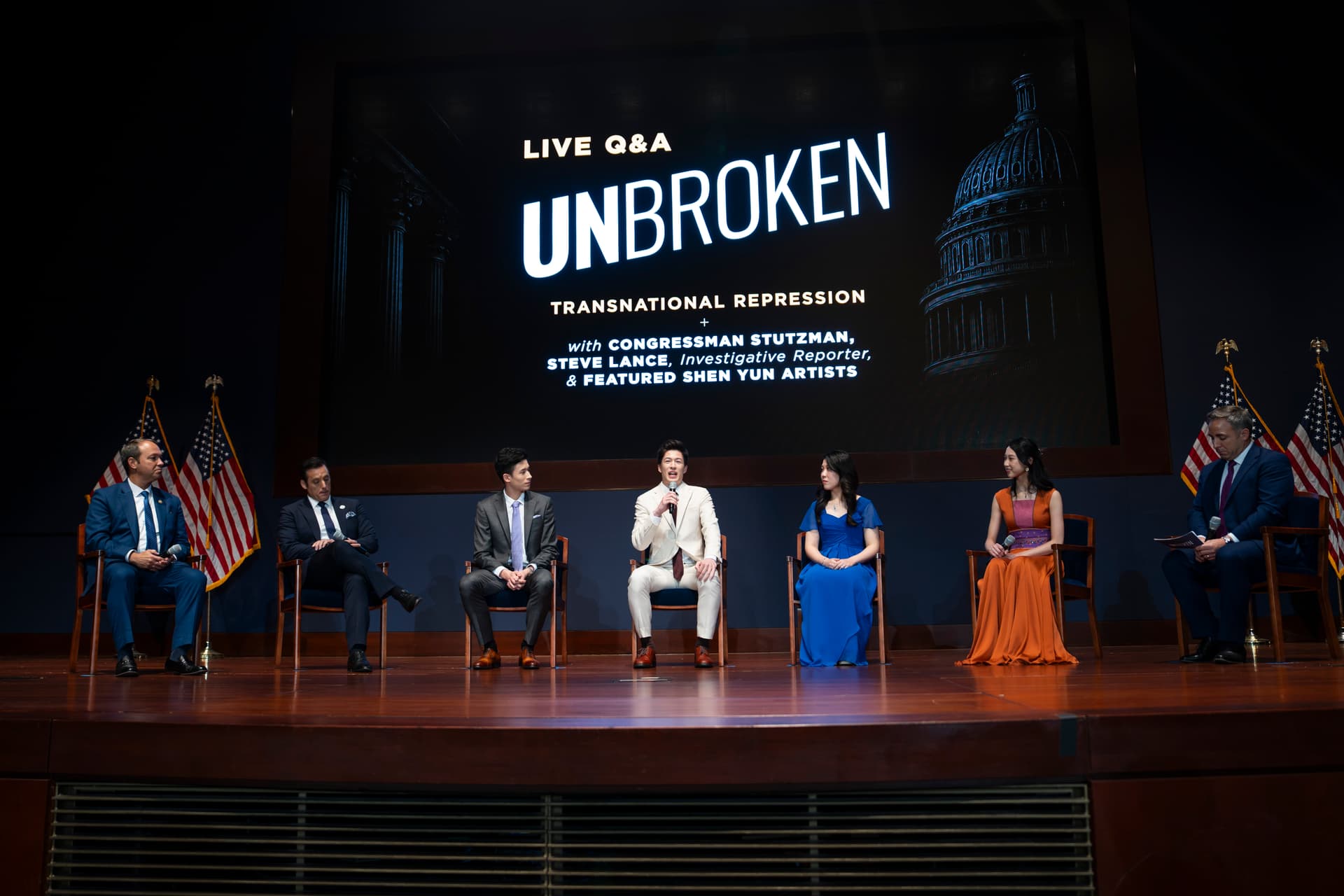 (L–R) Rep. Marlin Stutzman (R-Ind.); Shen Yun emcee Leeshai Lemish; Shen Yun artists Lucas Browde, Jesse Browde, Rachel Chen, and Angela Lin; and NTD host and executive producer Steve Lance speak during a panel discussion after a special viewing of the documentary “Unbroken: The Untold Story of Shen Yun” at the U.S. Capitol on July 22, 2026. (Madalina Kilroy/The Epoch Times)