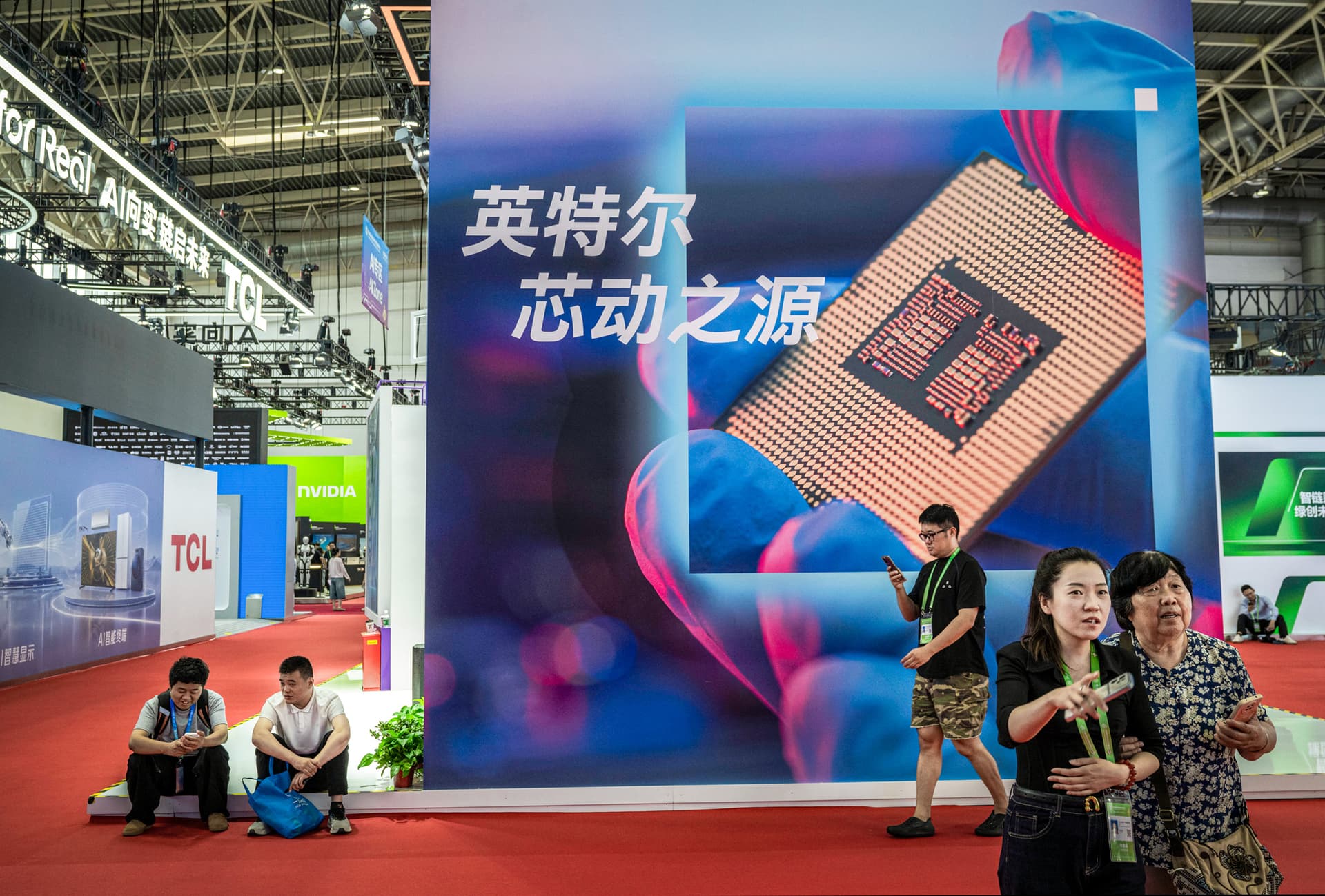 A billboard showing a semiconductor chip at the Chinese International Supply Chain Expo in Beijing on June 26, 2026. (Kevin Frayer/Getty Images)