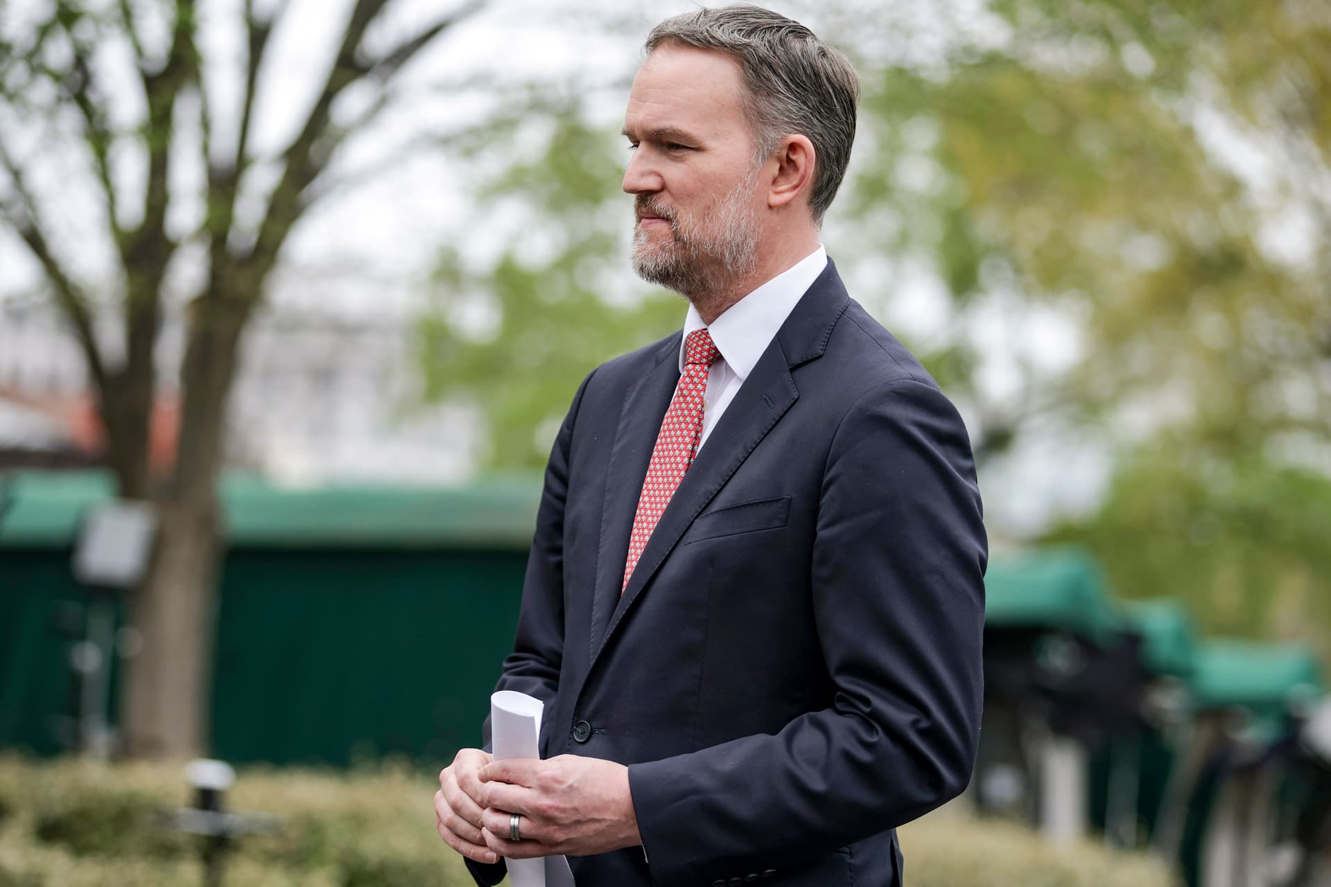 U.S. Trade Representative Jamieson Greer speaks to members of the press outside the West Wing of the White House in Washington on April 2, 2026. (Alex Wong/Getty Images)